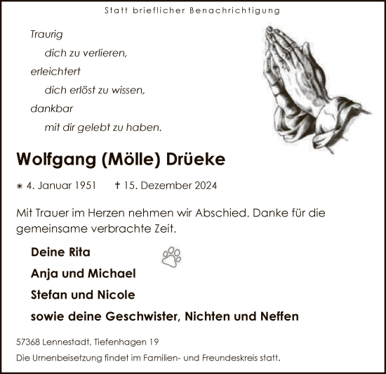 Traueranzeige von Wolfgang  Drüeke von WA