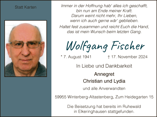 Traueranzeige von Wolfgang Fischer von WA