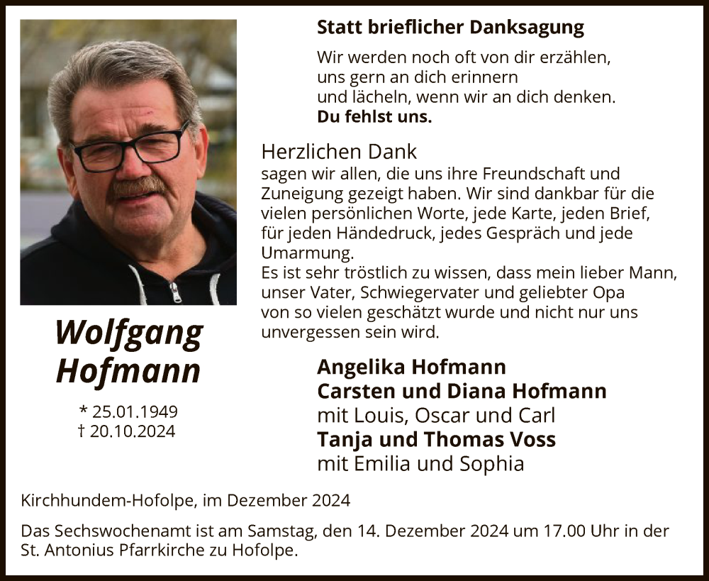  Traueranzeige für Wolfgang Hofmann vom 07.12.2024 aus WA