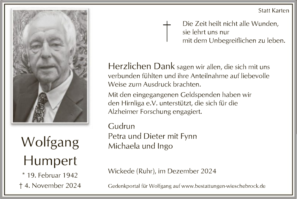  Traueranzeige für Wolfgang Humpert vom 14.12.2024 aus WA