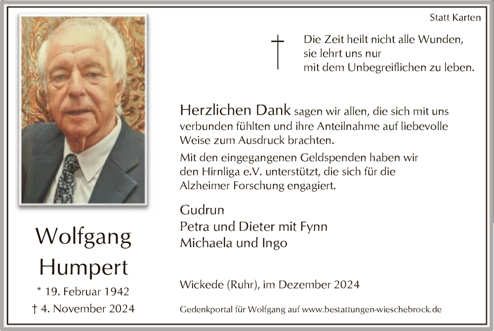  Traueranzeige für Wolfgang Humpert vom 18.12.2024 aus WA