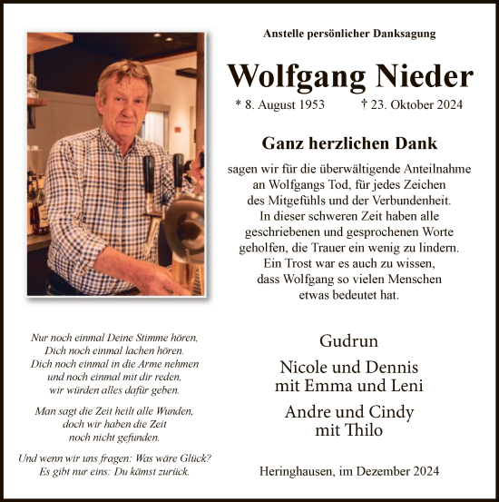 Traueranzeige von Wolfgang Nieder von WA