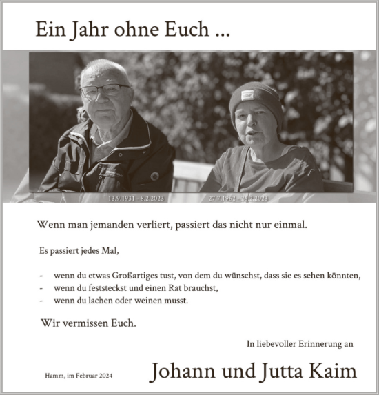 Traueranzeige von Johann Peter Kaim von WA