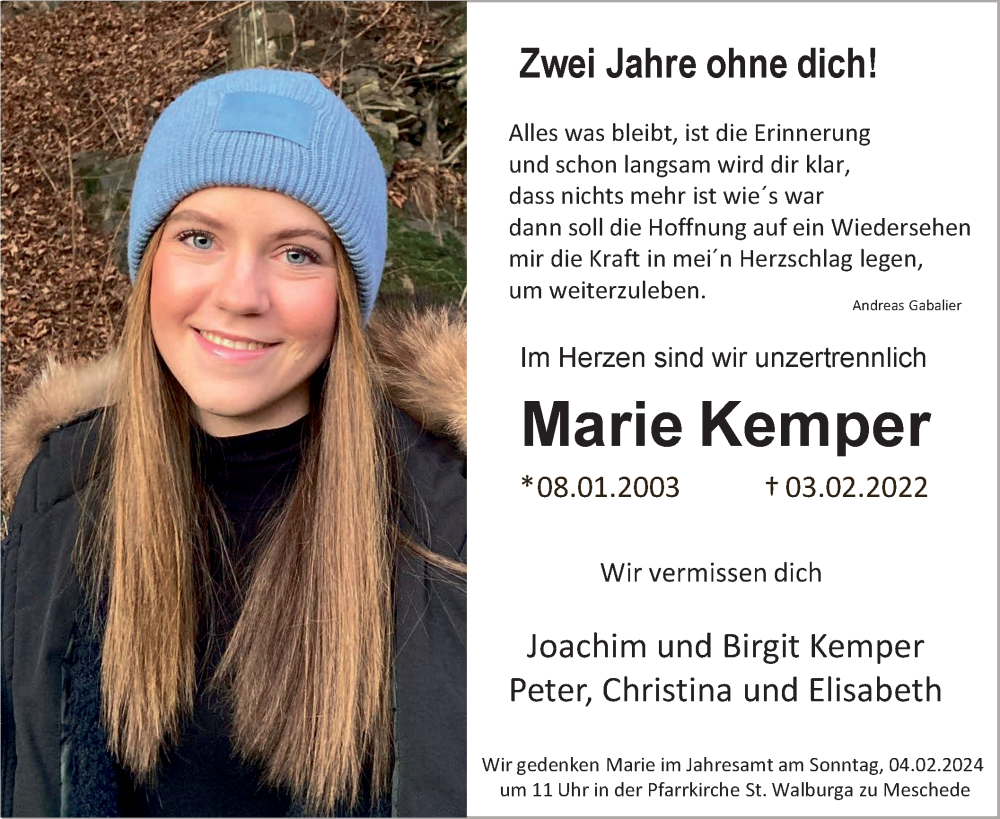  Traueranzeige für Marie Kemper vom 01.02.2024 aus WA