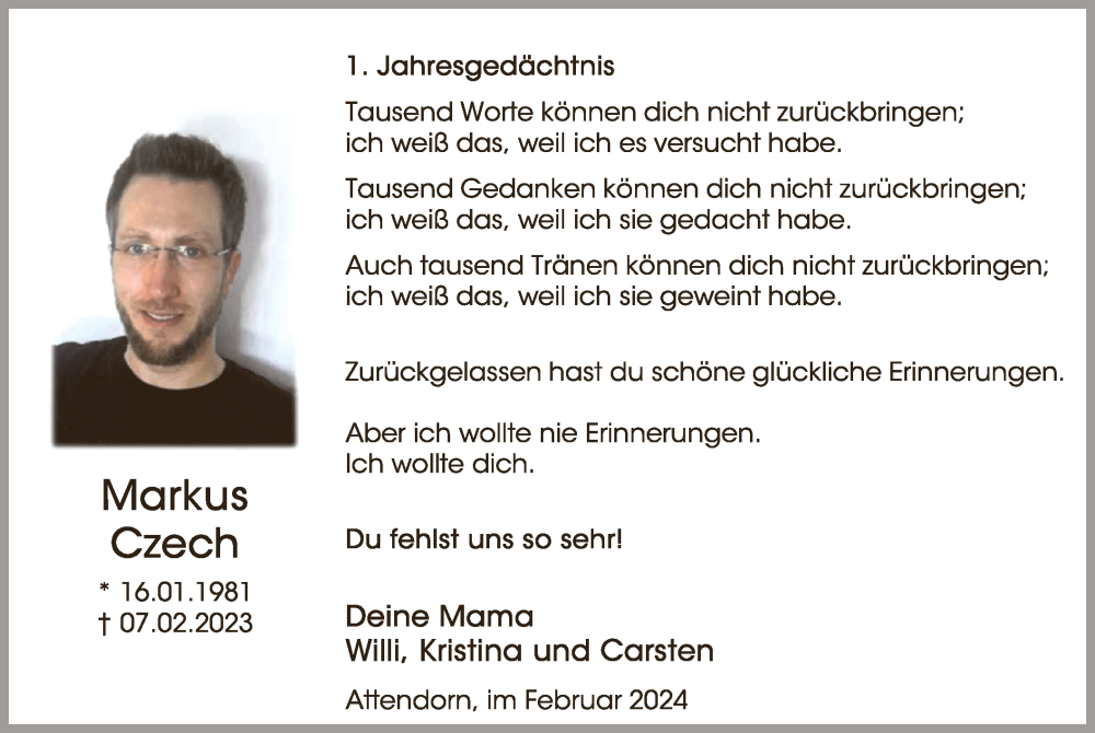 Traueranzeige für Markus Czech vom 05.02.2024 aus Wa
