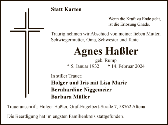 Traueranzeige von Agnes Haßler von WA