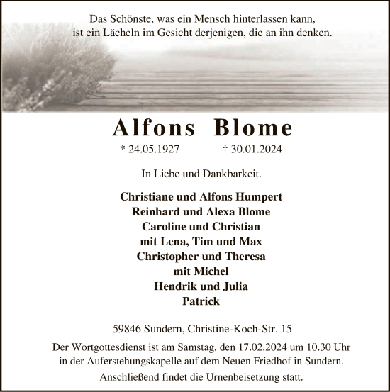 Traueranzeige von Alfons Blome von WA