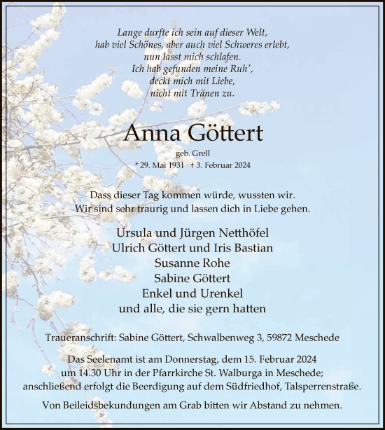 Traueranzeige von Anna Göttert von WA
