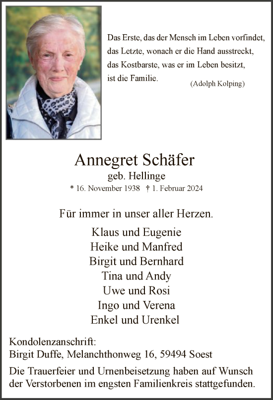 Traueranzeige von Annegret Schäfer von WA