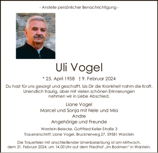Traueranzeige von Uli Vogel von WA