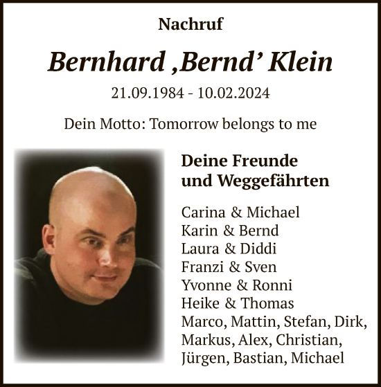 Traueranzeige von Bernhard Klein von WA