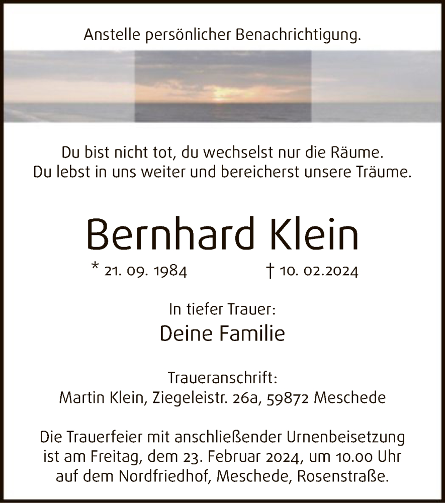  Traueranzeige für Bernhard Klein vom 17.02.2024 aus WA