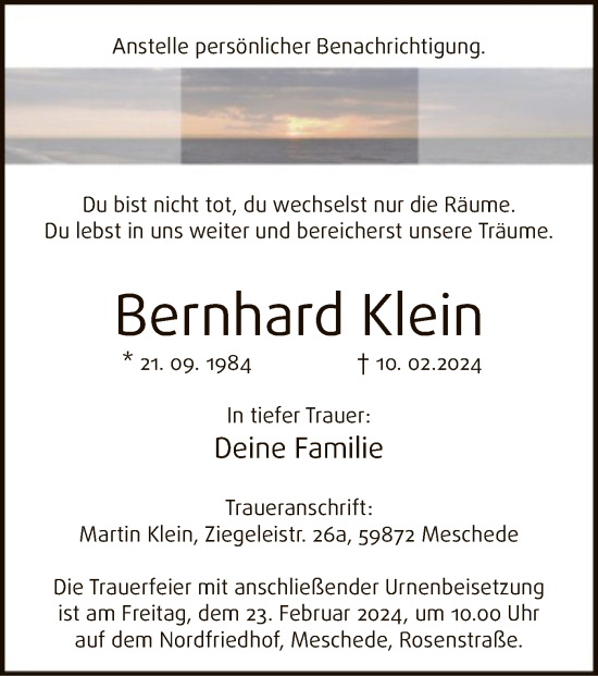 Traueranzeige von Bernhard Klein von WA