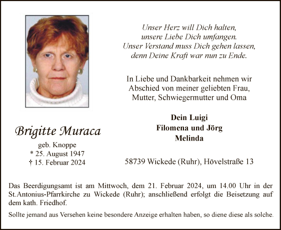 Traueranzeige von Brigitte Muraca von WA