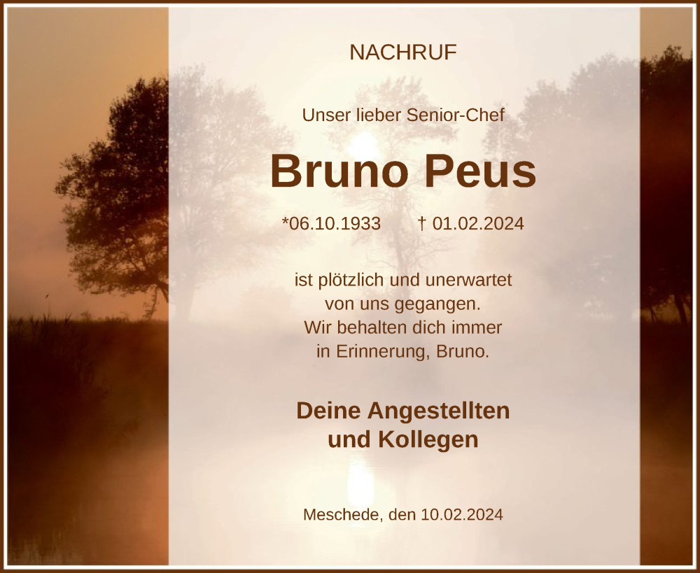  Traueranzeige für Bruno Peus vom 10.02.2024 aus WA