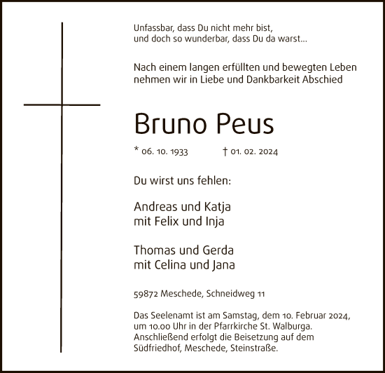 Traueranzeige von Bruno Peus von WA