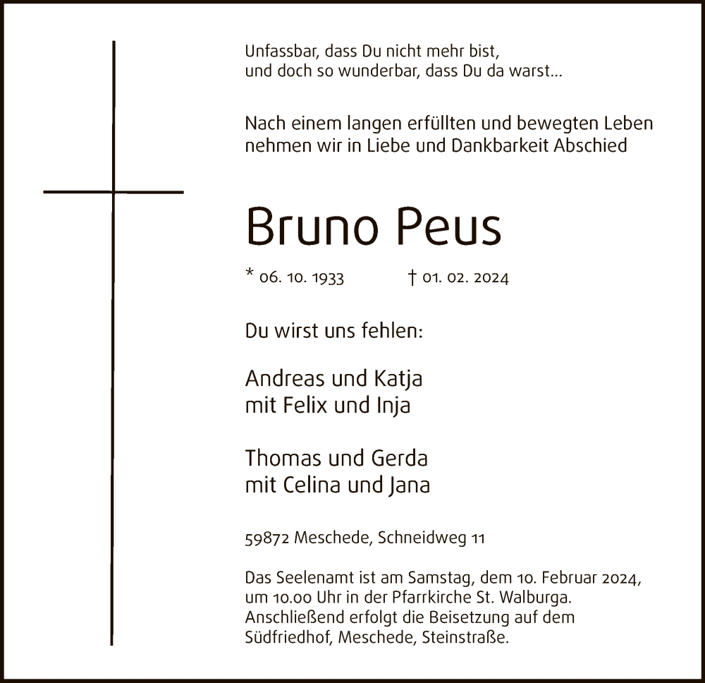  Traueranzeige für Bruno Peus vom 10.02.2024 aus WA