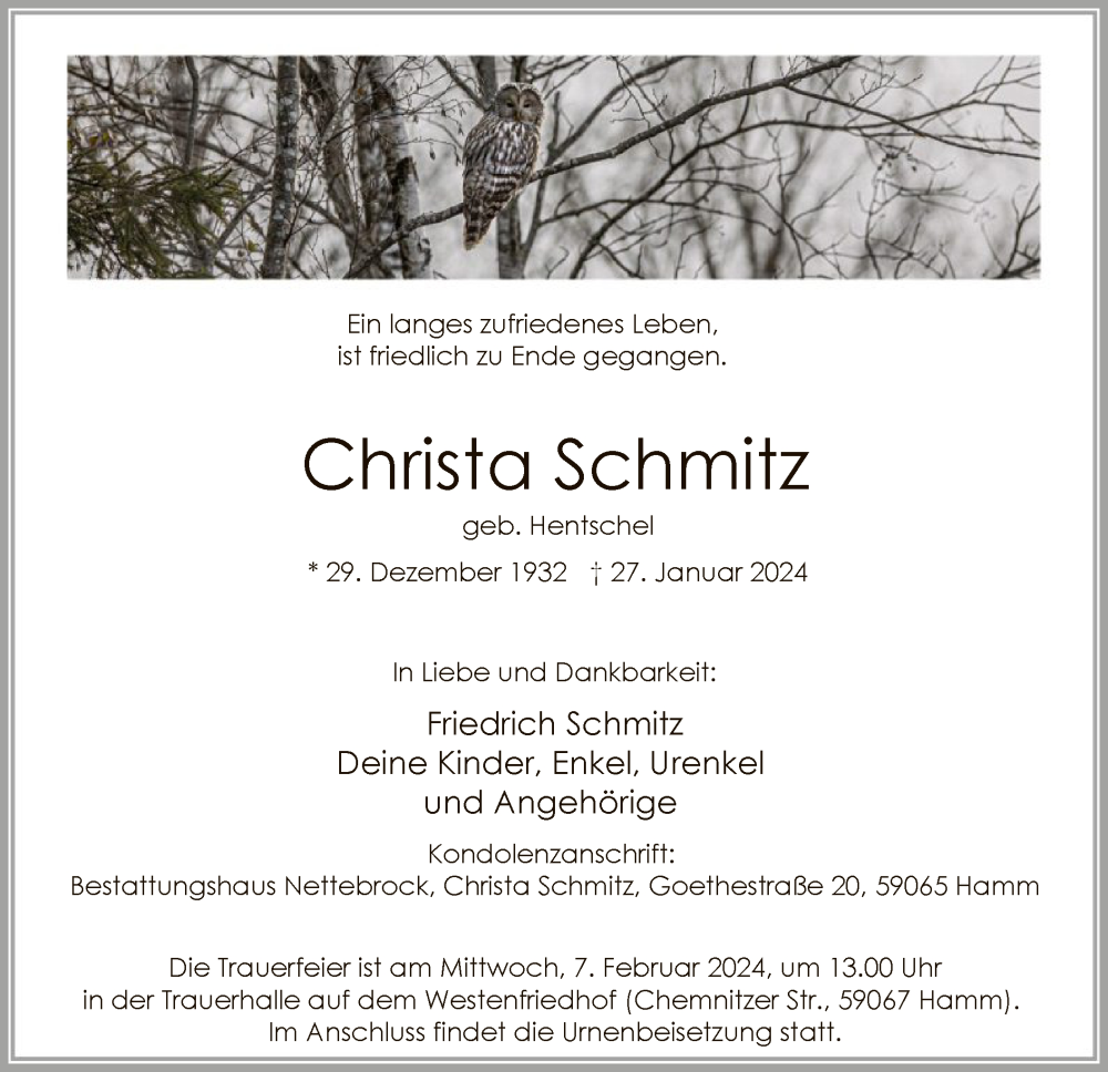  Traueranzeige für Christa Schmitz vom 03.02.2024 aus WA