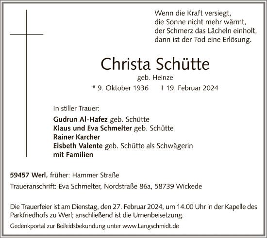 Traueranzeige von Christa Schütte von WA