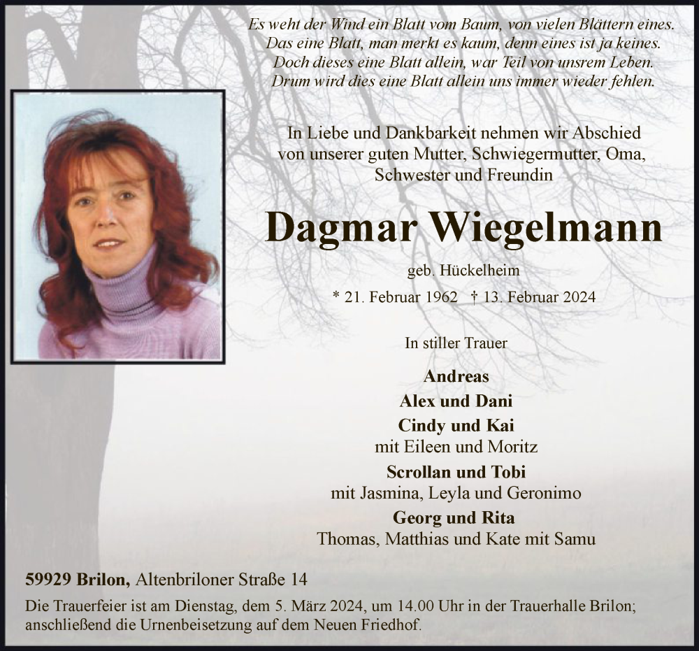  Traueranzeige für Dagmar Wiegelmann vom 24.02.2024 aus WA