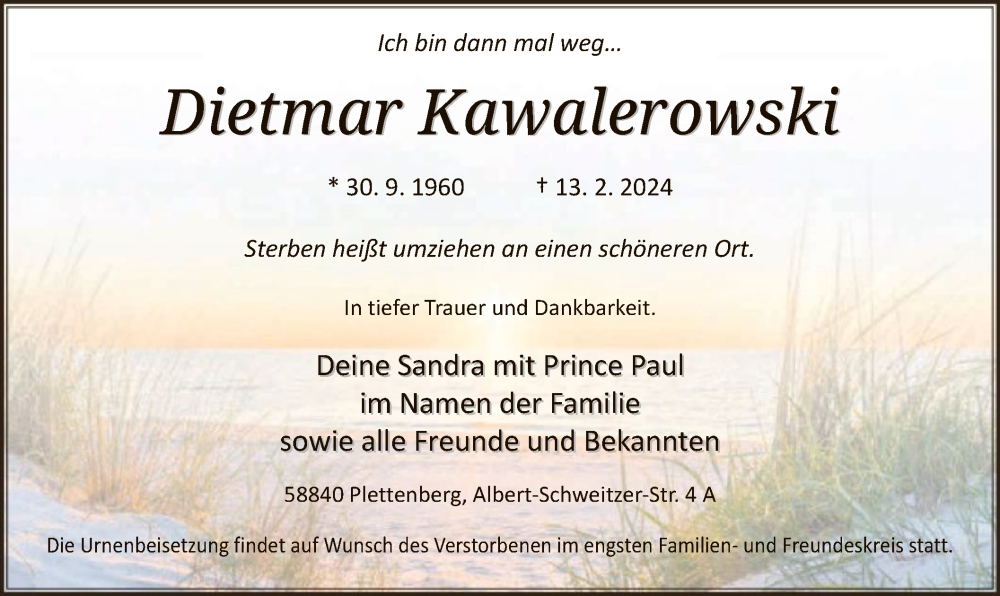  Traueranzeige für Dietmar Kawalerowski vom 16.02.2024 aus WA