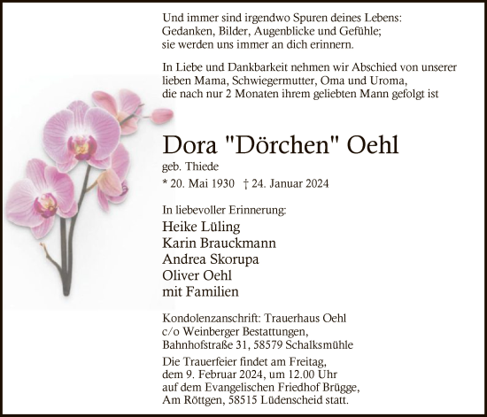 Traueranzeige von Dora Oehl von WA