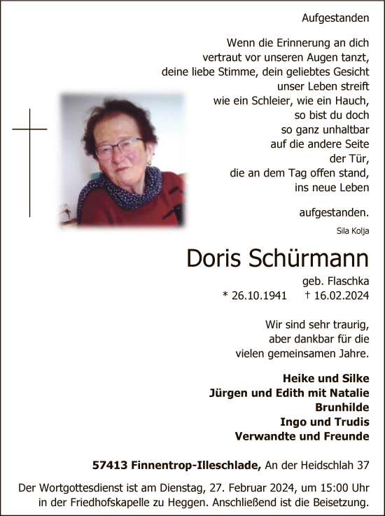 Traueranzeige von Doris Schürmann von WA