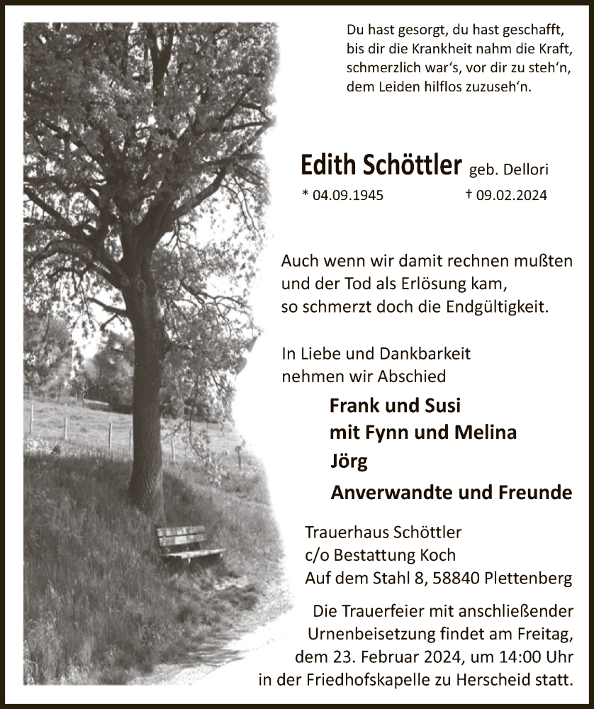  Traueranzeige für Edith Schöttler vom 17.02.2024 aus WA
