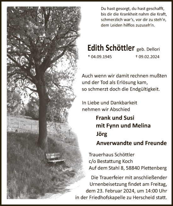 Traueranzeige von Edith Schöttler von WA