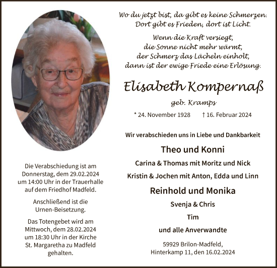 Traueranzeige von Elisabeth Kompernaß von WA
