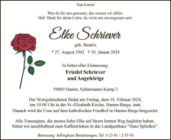 Traueranzeige von Elke Schiriever von WA