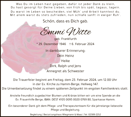 Traueranzeige von Emmi Witte von WA
