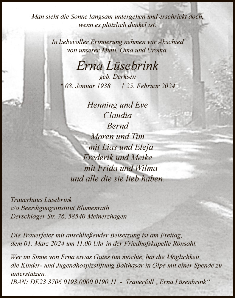 Traueranzeige für Erna Lüsebrink vom 27.02.2024 aus WA