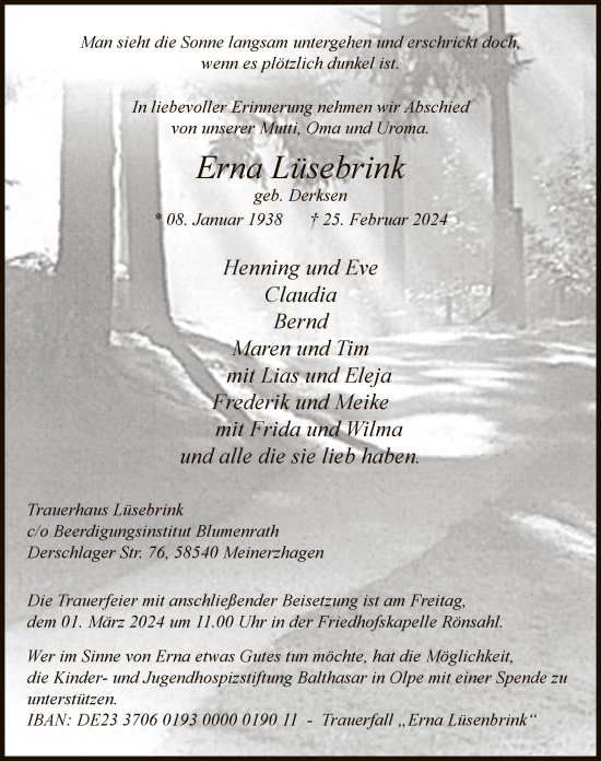 Traueranzeige von Erna Lüsebrink von WA