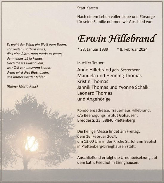 Traueranzeige von Erwin Hillebrand von WA