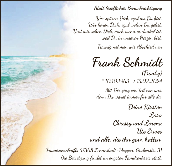 Traueranzeige von Frank Schmidt von WA