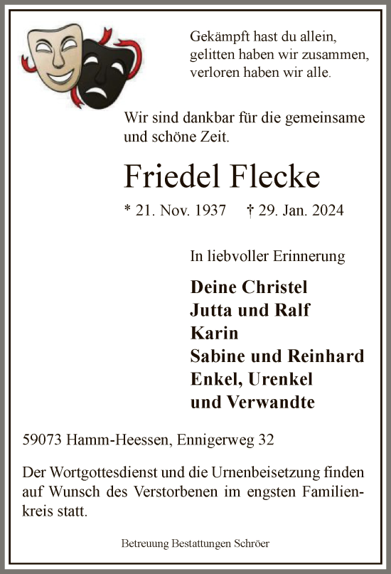 Traueranzeige von Friedel Flecke von WA