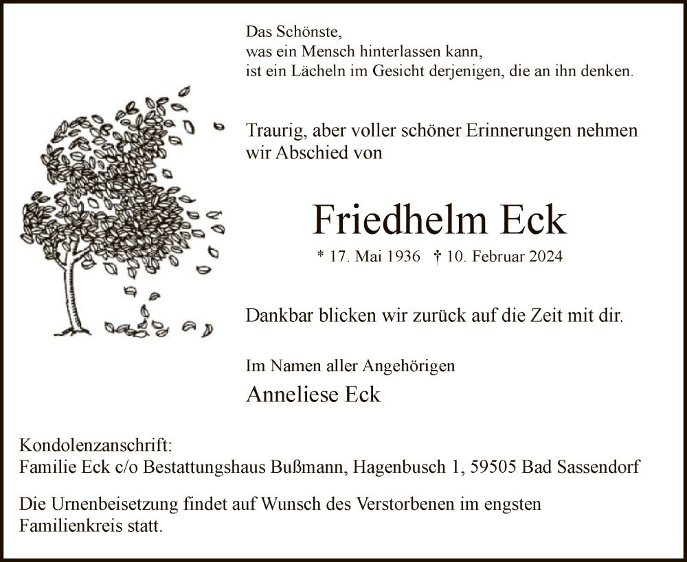  Traueranzeige für Friedhelm Eck vom 17.02.2024 aus WA