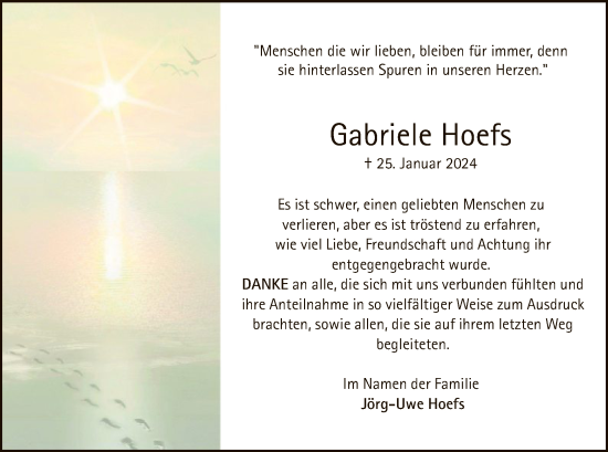 Traueranzeige von Gabriele Hoefs von WA
