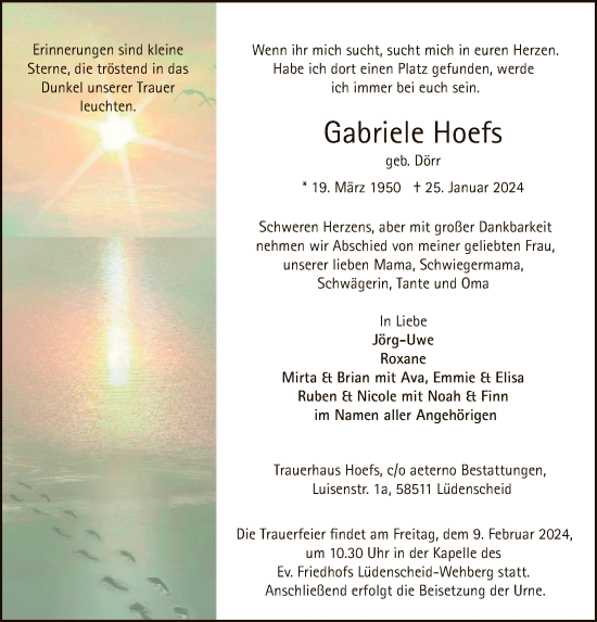 Traueranzeige von Gabriele Hoefs von WA