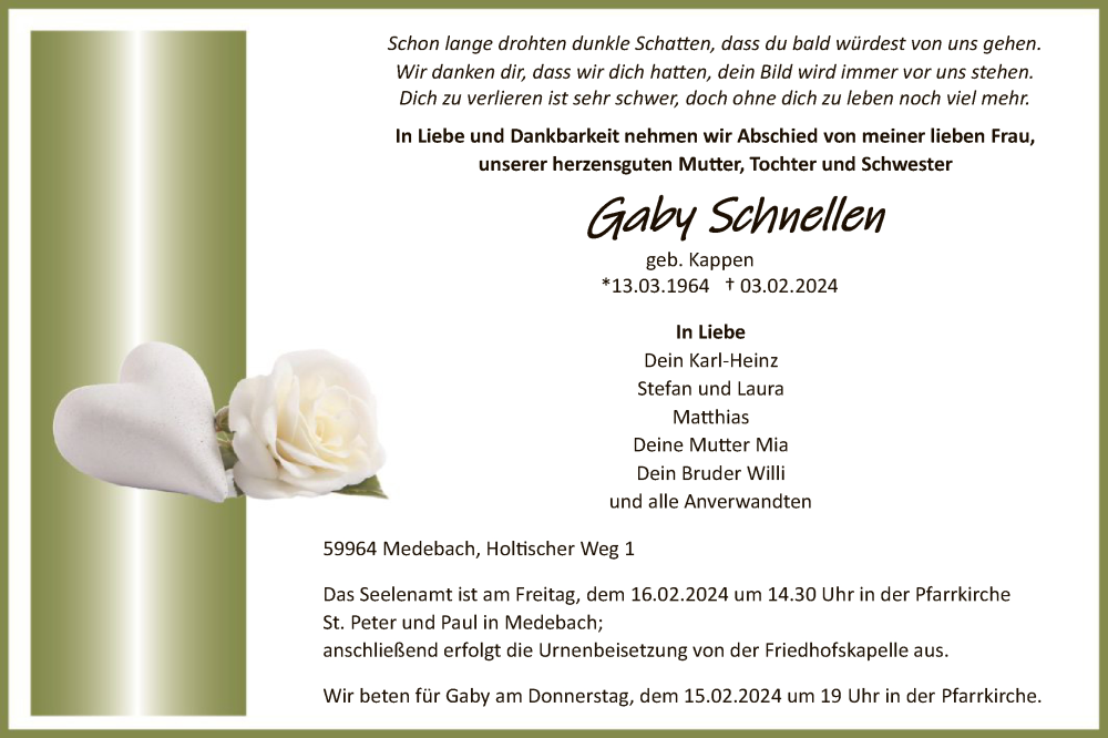  Traueranzeige für Gaby Schnellen vom 10.02.2024 aus WA