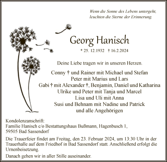 Traueranzeige von Georg Hanisch von WA