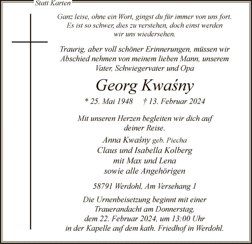  Traueranzeige für Georg Kwasny vom 21.02.2024 aus WA