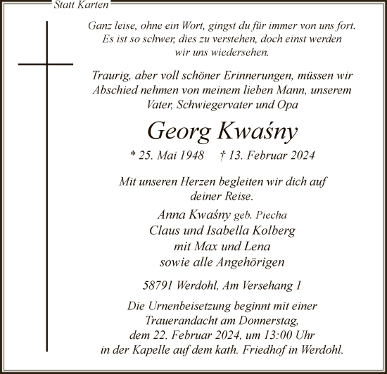 Traueranzeige von Georg Kwasny von WA