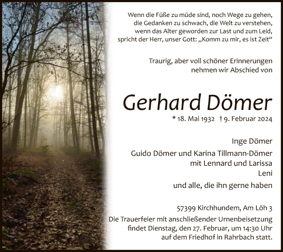 Traueranzeige von Gerhard Dömer von WA