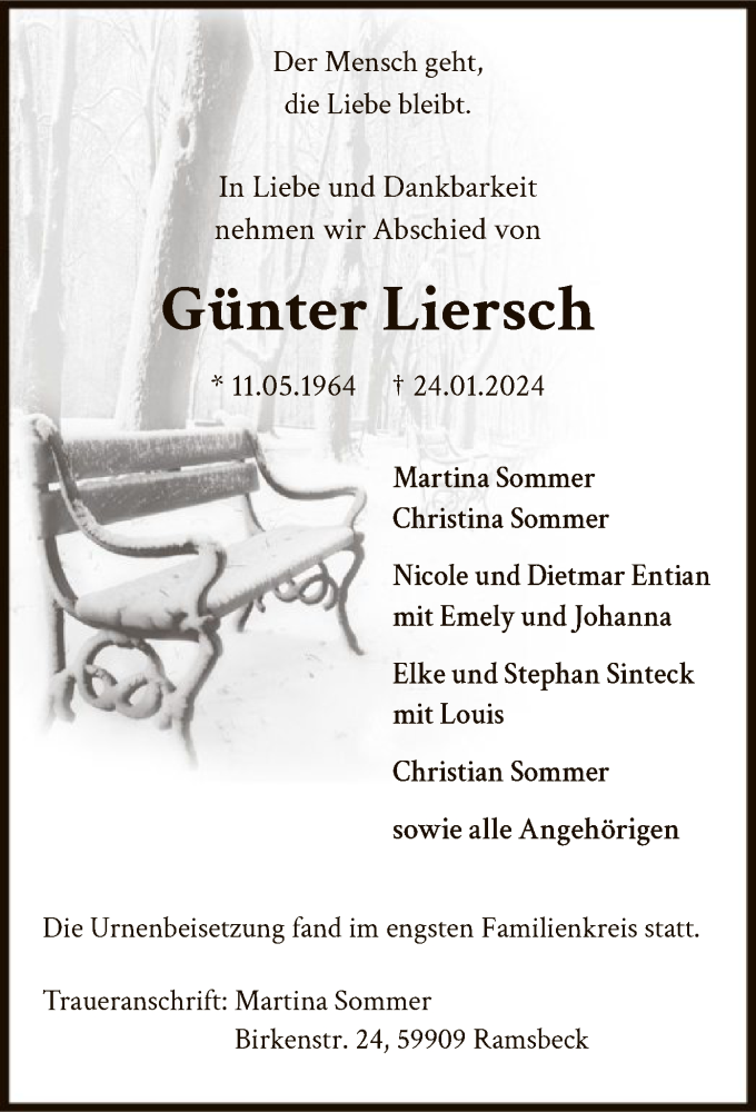  Traueranzeige für Günter Liersch vom 17.02.2024 aus WA