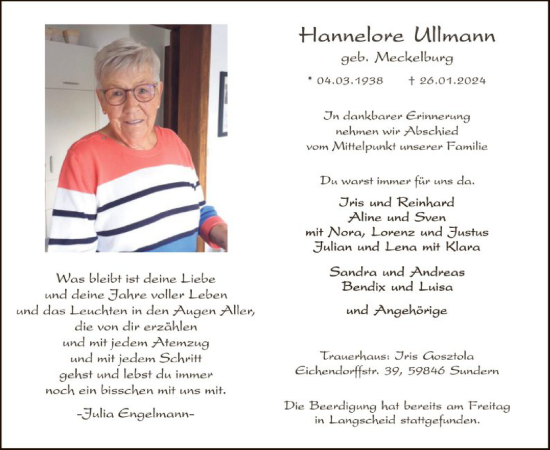 Traueranzeige von Hannelore Ullmann von WA