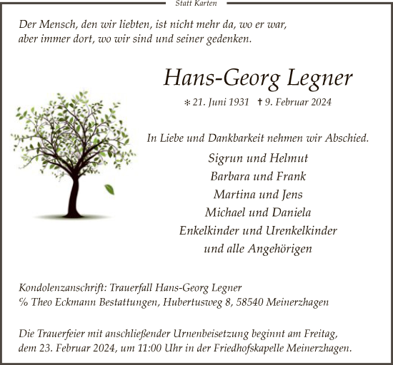 Traueranzeige von Hans-Georg Legner von WA