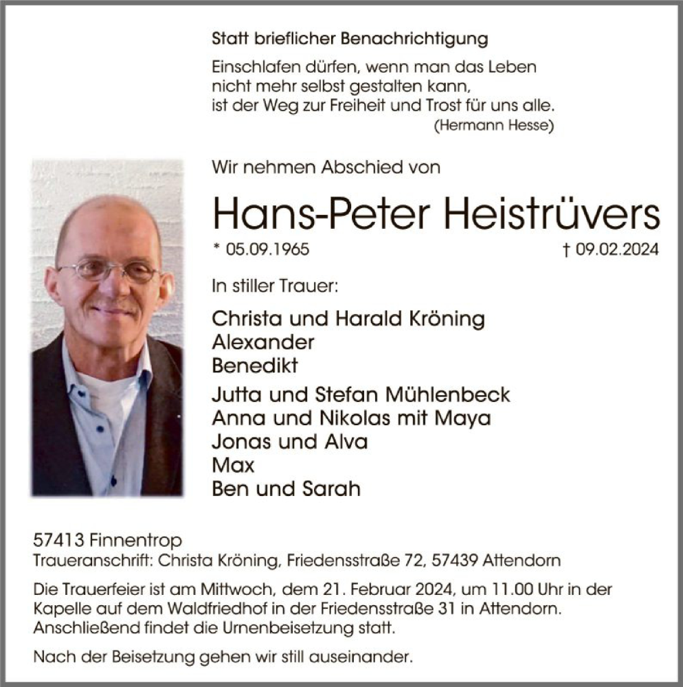  Traueranzeige für Hans-Peter Heistrüvers vom 17.02.2024 aus WA