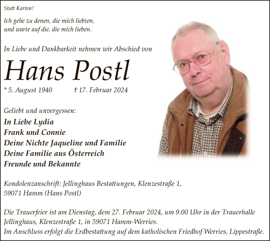 Traueranzeige von Hans Postl von WA